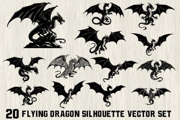 20 Flying Dragon Silhouette Vector Set for Graphics and Illustrations