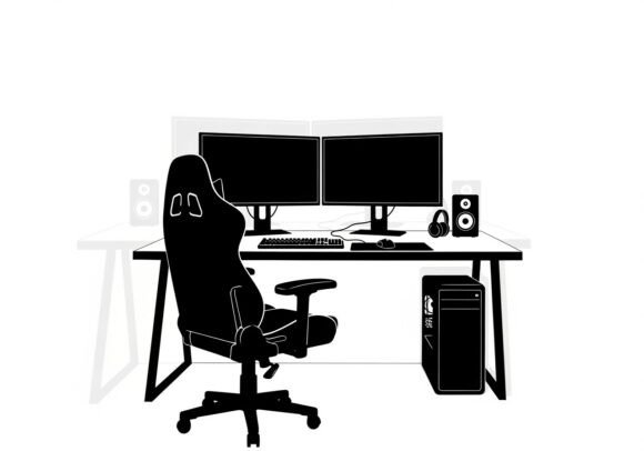 Black Office Workstation Dual Monitors Graphics