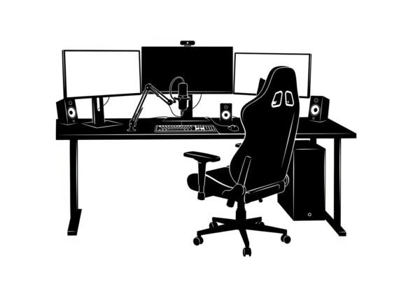 Black Office Workstation with Computer Illustration for Branding
