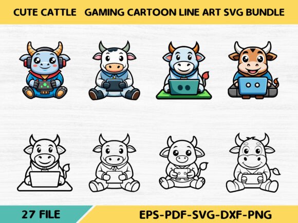 Cute Cattle Gaming Cartoon Line Art Bu for Branding and Illustrations