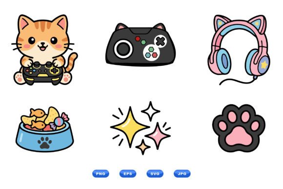 Cute Gamer Cat Clipart Set for Blog and Web Design