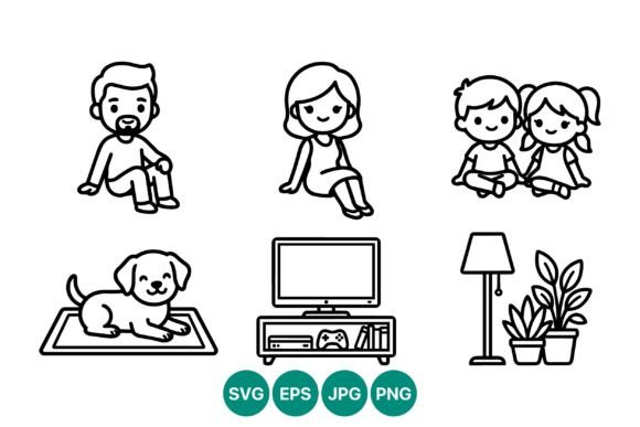 Family Members Dog TV Houseplants Line Graphics