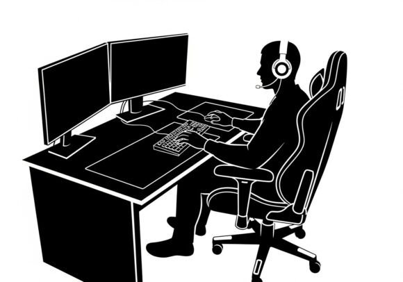 Silhouette of a Man Sitting at a Desk – A Modern Graphic Asset