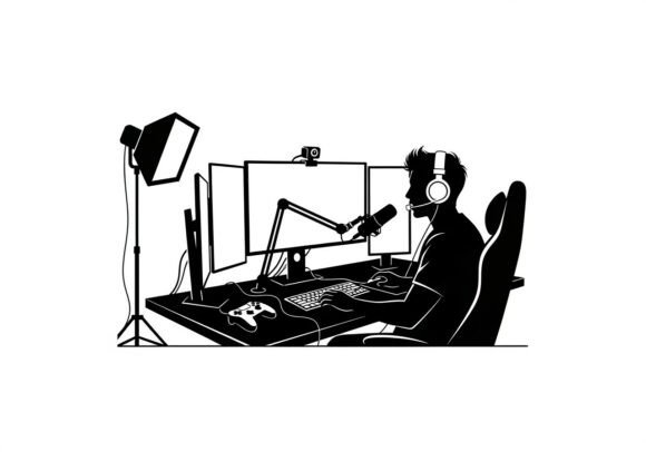 Silhouette of Man at Desk with Computer - A Modern Graphic Asset